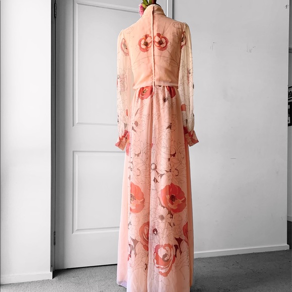 Vintage 1960's Poppy Floral Maxi Long Sheer Sleeve Dress RARE OOAK - Picture 9 of 17